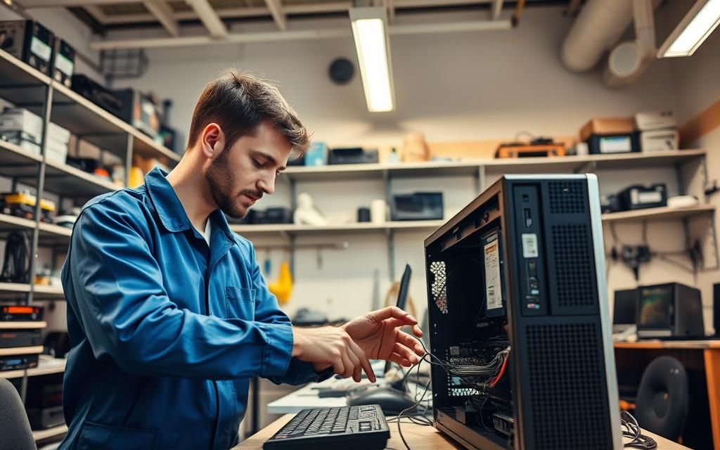 Computer technician carefully diagnosing a desktop system at Pravesh Computer Services Agra